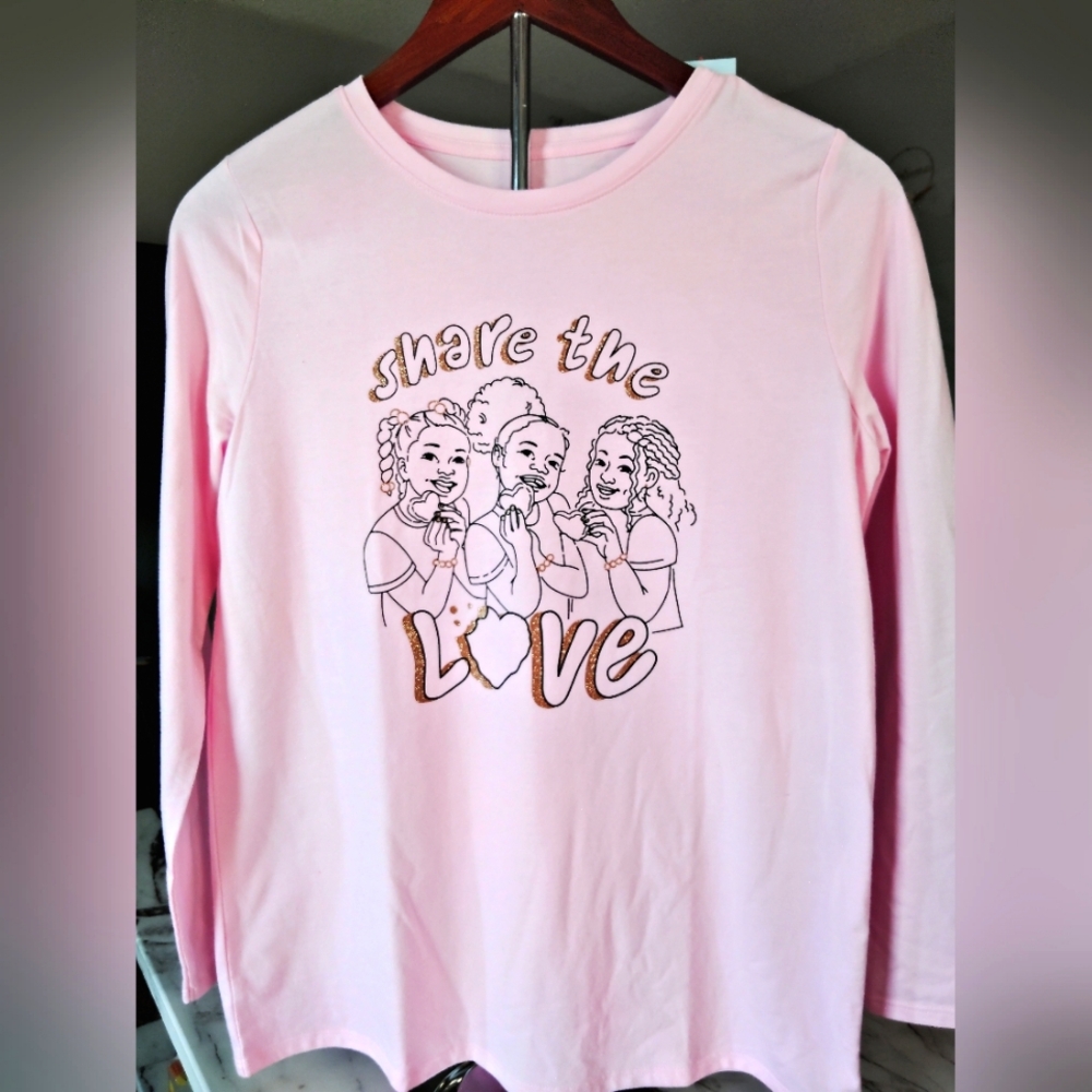 Cute Pink Cat & Jack Long Sleeve Shirt with gold glitter size 14